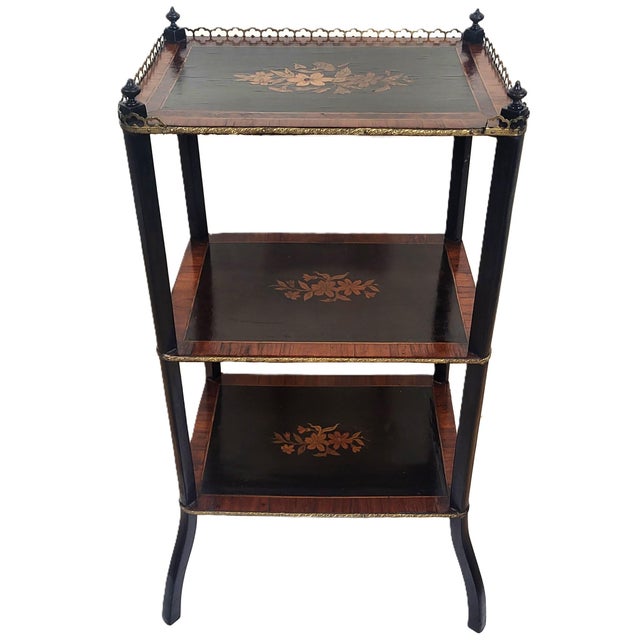 French 19th C French Inlaid 3 Tier Rosewood Ebony & Bronze Gallery Table Stand Etegere For Sale - Image 3 of 15