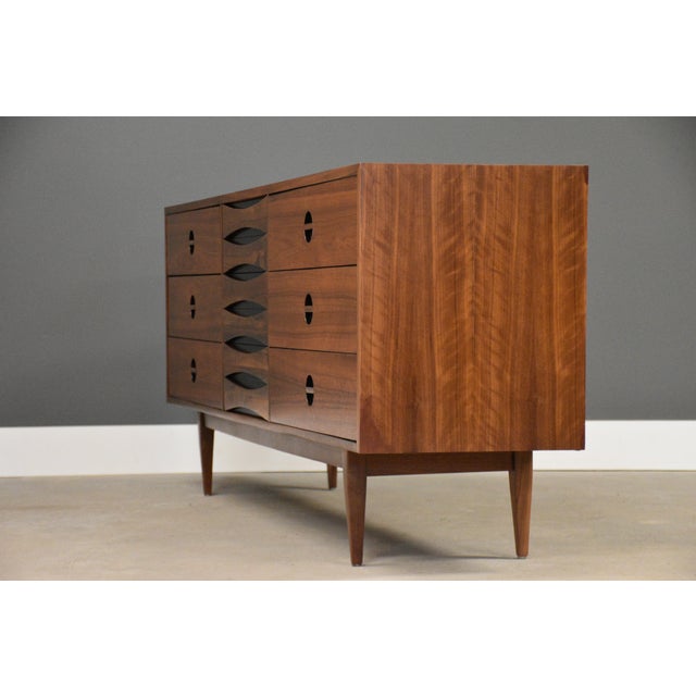 West Michigan Furniture Co. 1960s Refinished Walnut Arne Vodder Style 72” Dresser by West Michigan Furniture For Sale - Image 4 of 6