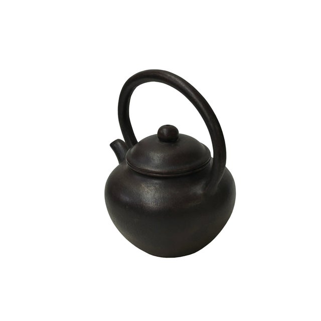 Chinese Handmade Dark Brown Zisha Clay Arch Handle Display Teapot Art For Sale - Image 10 of 13