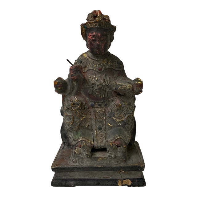 Vintage Chinese Wooden Carved Home Guardian Deity Figure For Sale