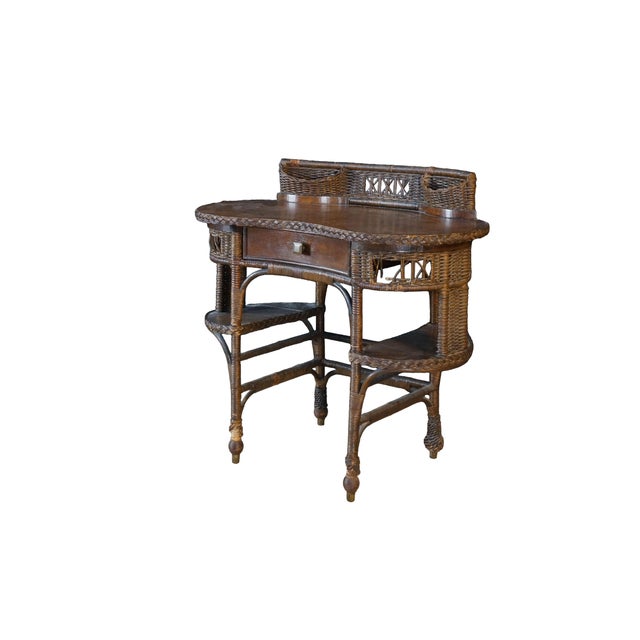 Victorian Antique American Quartersawn Oak & Wicker Kidney Writing Desk Dressing Table For Sale - Image 3 of 16