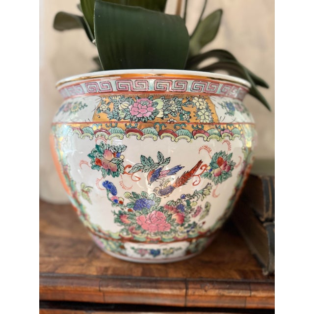 Ceramic Vintage Chinese Export Porcelain Fishbowl Jardiniere Mandarin Scene Chinoiserie Planter For Sale - Image 7 of 12
