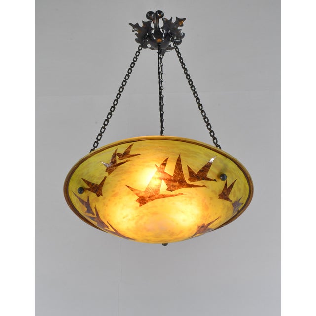 Metal Large French Art Deco Pendant Light by Le Verre Francais Schneider - 1925 Cameo Chandelier France For Sale - Image 7 of 13
