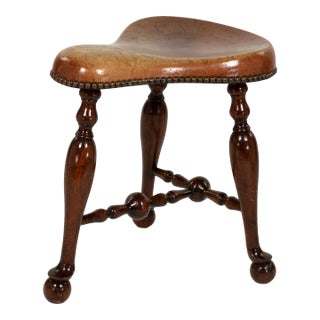 Turned Mahogany Three-Legged Saddle-Seat Stool, Leather Seat With Nailhead Trim English Circa 1850 For Sale