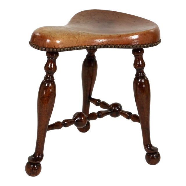 Turned Mahogany Three-Legged Saddle-Seat Stool, Leather Seat With Nailhead Trim English Circa 1850 For Sale