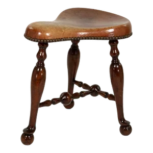 Turned Mahogany Three-Legged Saddle-Seat Stool, Leather Seat With Nailhead Trim English Circa 1850