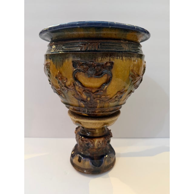 Baroque Vintage Majolica Style Pedestal Jardinière Planter With Figural Relief For Sale - Image 3 of 11