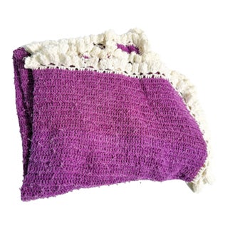 Vintage 1970s Large Hand Knit Boho Meets Scandinavian Purple Throw Blanket For Sale