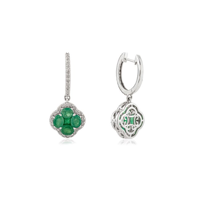 Metal 2.92Ct Zambian Emerald & Diamond Clover Dangle Drop Earrings in 14k Gold- A Pair For Sale - Image 7 of 13