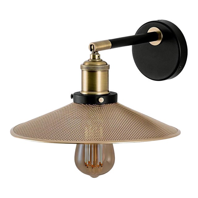 English Brass With Satin Black and Perforated Brass Shade Wall Light For Sale