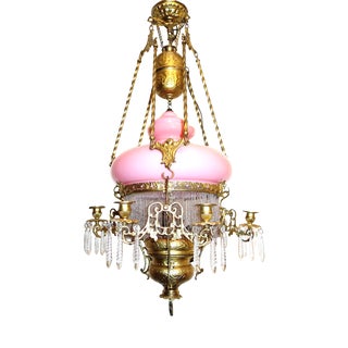 Antique French Brass and Glass Bead Oil Lamp from Unbekannt, 1890s For Sale