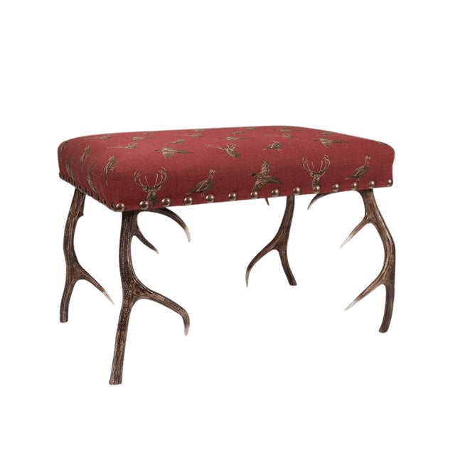 A stunning stool handmade in Scotland from Scottish Red and Fallow deer Antlers, covered in Hines Highland Beige Tapestry....