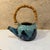 Vintage Modern Pottery Earthware Blue Tea Kettle Bamboo Handle For Sale - Image 4 of 13
