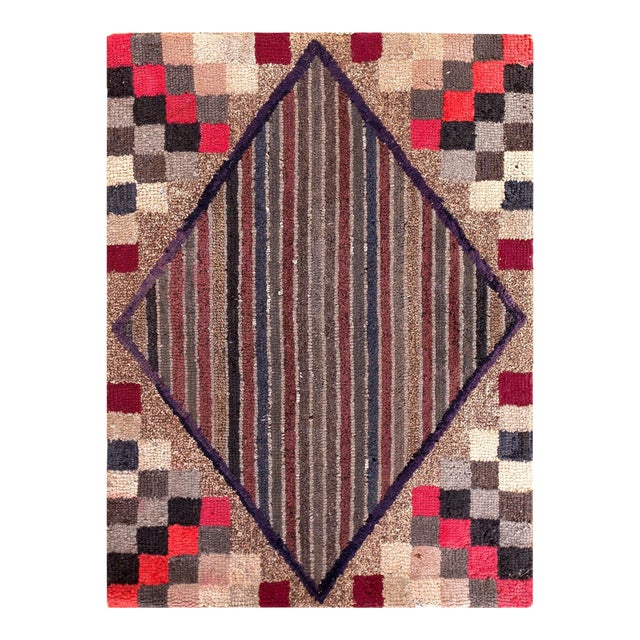 1920s Multicolor Medallion Folk Art Antique American Hooked Rug 2'5" X 3'4" Handknotted Wool Carpet For Sale