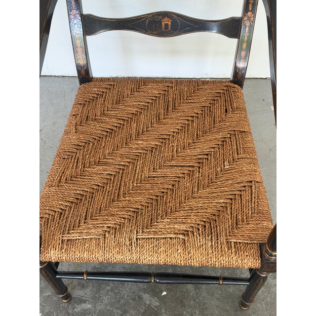 English Regency Style Crackle Finish Chinoiserie & Classical Stenciled Rush Seat Armchair For Sale - Image 12 of 12