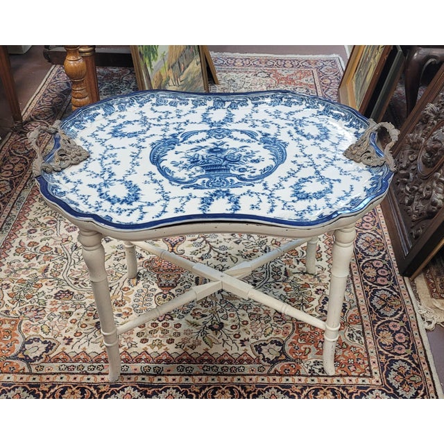 Blue Fine 1950s Blue & White Porcelain Bamboo Tray Table For Sale - Image 8 of 10