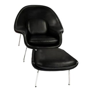 1990s Vintage Black Leather Womb Chair and Ottoman For Sale