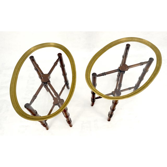 Metal Pair Oval Brass Gallery Glass Top Faux Bamboo Bases End Side Tables Stands MINT For Sale - Image 7 of 16