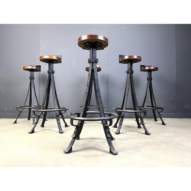 Vintage Brutalist Wrought Iron Bar Stools, 1970s, Set of 6 For Sale - Image 11 of 16