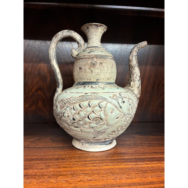 Ceramic Thai Si Satchanalai Ewer With Fish Motif 16th Century Very Rare For Sale - Image 7 of 10