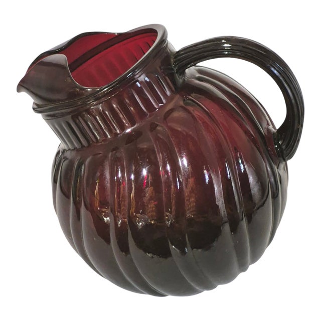 Vintage Anchor Hocking Royal Ruby Red Swirl Tilted Ball Pitcher For Sale