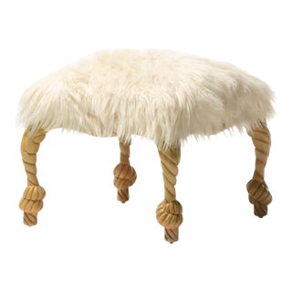 1970s Napoleon Iii Style Ottoman in Faux Fur With Carved Rope & Tassel Legs For Sale