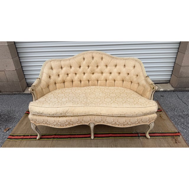A Nice Vintage French Canapé Style Paint Decorated Love Seat, Circa 1950’s Most likely made in the USA circa 1950's White...