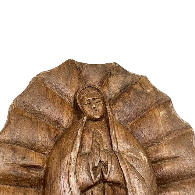 Mid 20th Century Our Lady of Guadalupe Carved Wood Hanging Wall Sculpture or Plaque For Sale In Oklahoma City - Image 6 of 6