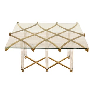 Charles Hollis Jones “Treillage” Lucite & Brass Coffee Table | Glass Top | Hollywood Regency | Circa 1970s For Sale
