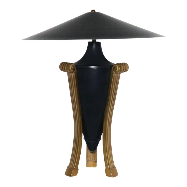 1990s Deco Michael Taylor Attributed Brass and Ebonized Urn Lamp with Metal Shade For Sale