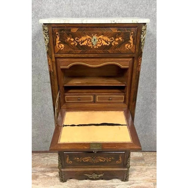 Louis XV Style Drop-Front Secretary in Marquetry Wood with Veined White Marble Top For Sale - Image 5 of 7