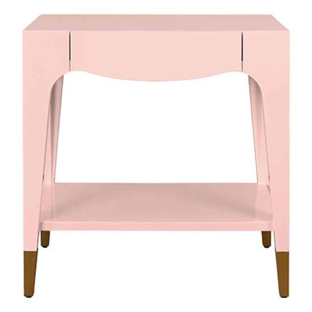 Matthew Izzo Home Ronny Glossy Light Pink One Drawer Side Table With Antique Brass Foot Caps For Sale