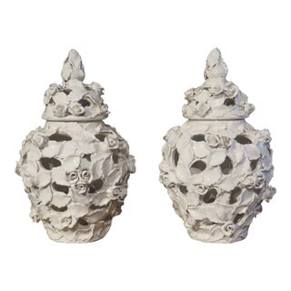 Pair of Lidded and Pierced Italian Roses Creamware For Sale