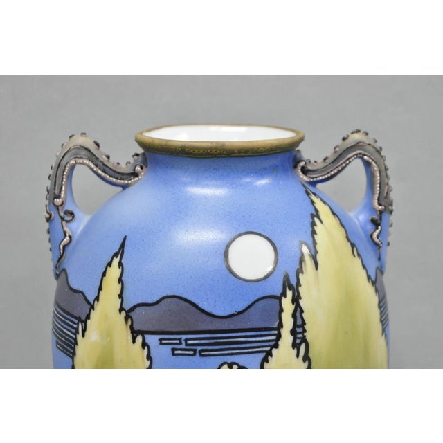 Antique Hand Painted Blue Nippon Porcelain Halloween Pattern Twin Handle Vase For Sale - Image 4 of 14
