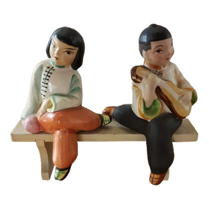Vintage Porcelain Boy & Girl on Bench Hand Painted Figurines, Occupied Japan