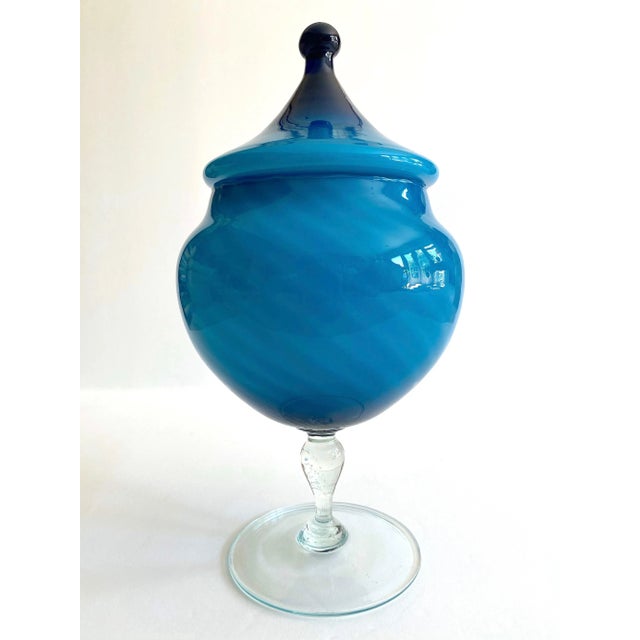 Vintage Mid Century Modern Empoli Italy Cerulean Royal Blue Ombre Art Glass Candy Bowl Pedestal Lidded Jar For Sale - Image 13 of 13