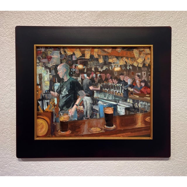 In "Slow Pour," a bustling bar scene unfolds, capturing the dynamic interaction between patrons and staff. The warm hues...
