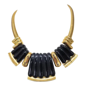 Vintage Signed Napier Goldtone & Black Resin Bib Necklace, 1985 Ad Piece