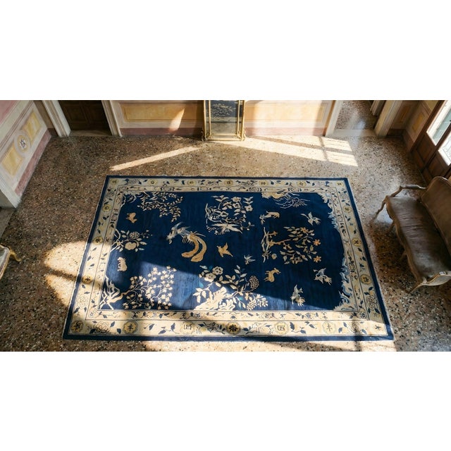 1880s Blue Navy Open Field Chinoiserie Pattern Antique Chinese Peking Rug For Sale - Image 13 of 15