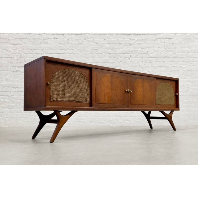 Mid-Century Modern Long + Low Mid Century Modern Walnut and Cane Credenza | Sculptural Kagan Style Wishbone Leg Sideboard, C. 1960's For Sale - Image 3 of 15