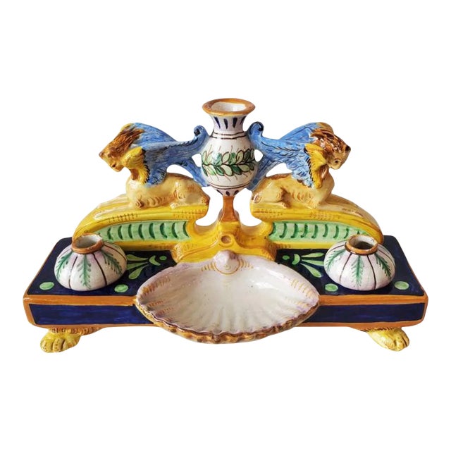 Antique Italian Renaissance Majolica Double Inkwell For Sale