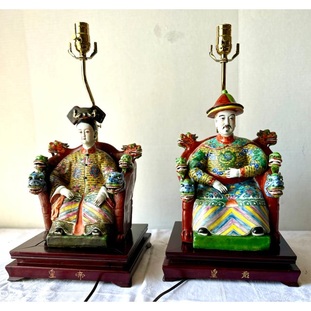 Antique Chinese Emperor & Empress Statues Porcelain Table Lamps with Shades and Choice of Finials. Excellent Condition....