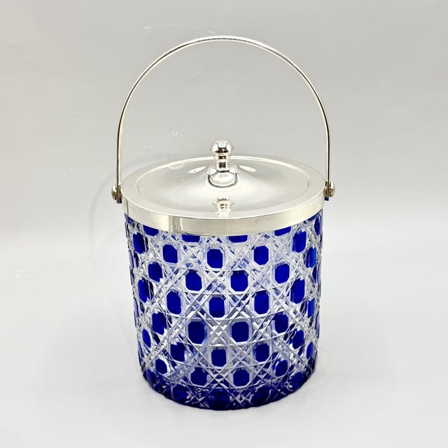 Blue Mid-Century Modern Art Glass Jars with Blue Cut in Clear Crystal Biscuit Barrels with Silver-Plated Mounts, 1950s, Set of 2 For Sale - Image 8 of 18
