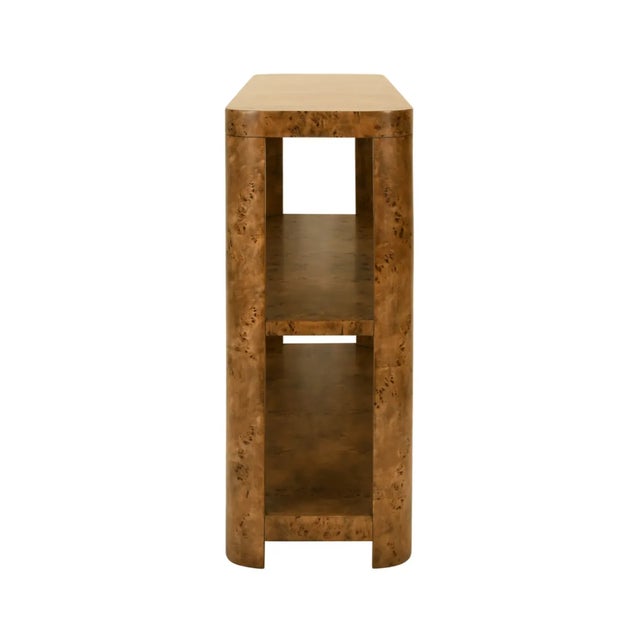 Contemporary Matthew Izzo Home Emery Dark Burlwood Three Tier Console Table With Curved Corners For Sale - Image 3 of 9