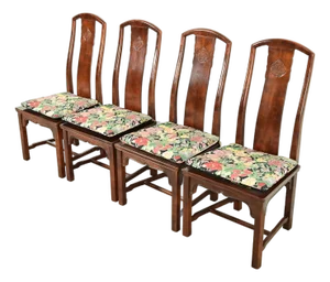 Henredon Hollywood Regency Chinoiserie Sculpted Mahogany Dining Chairs, Set of Four