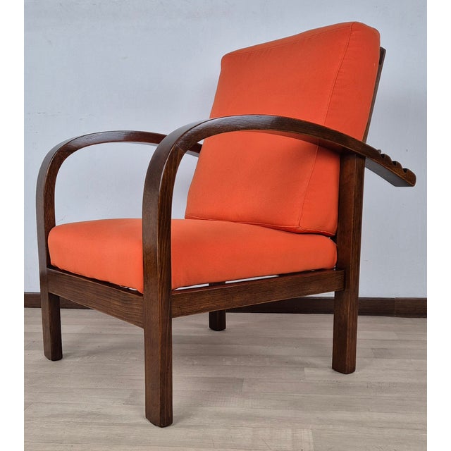 Austrian Art Deco armchair (Vienna) in bent beech with 3-position reclining. Simple rectangular frame. New 100% cotton...