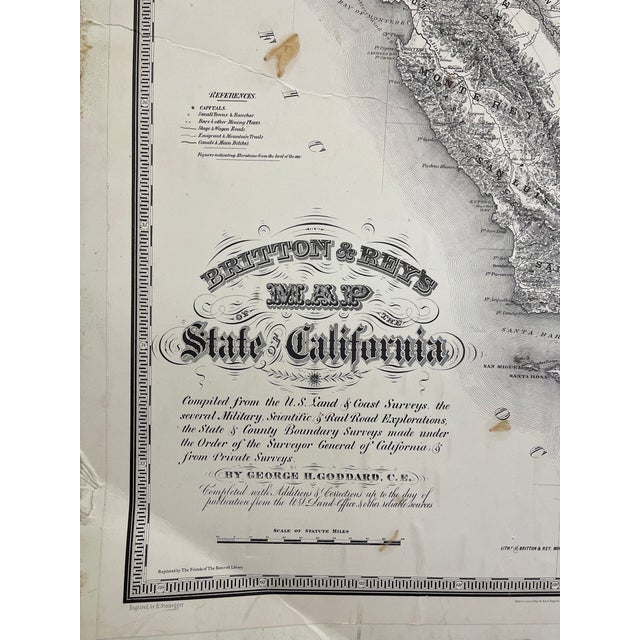 1970s Britton & Reys Map of the State of California Print, After George H. Goddard Survey, Detailed Topographical Map Reprint For Sale In Seattle - Image 6 of 8