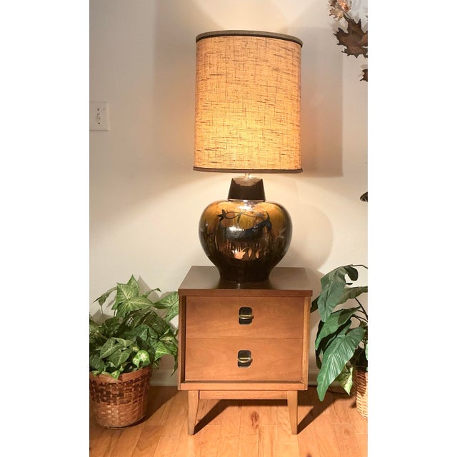Vintage Mid Century Modern Pottery Table Lamp Drip Glaze Silver Overlay Gazelle Ram For Sale - Image 12 of 12