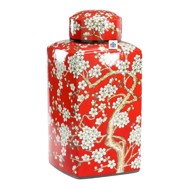 Contemporary Red and White Bough Canister For Sale
