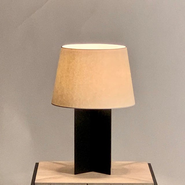 Black Croisillon' Matte Black Lamps and 'Entretoise' Travertine Tables - a Pair For Sale - Image 8 of 12